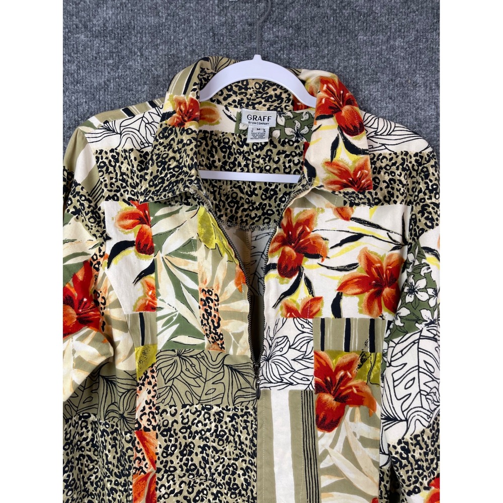Graff Zip Front Jacket Womens Medium Multi Color Floral Leopard Cotton - Picture 4 of 13